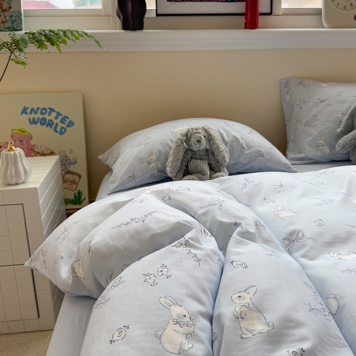 91家纺网 家纺一手货源 找家纺 慕尚家纺 2025新款全棉纯棉母婴双层纱四件套 丝带小兔