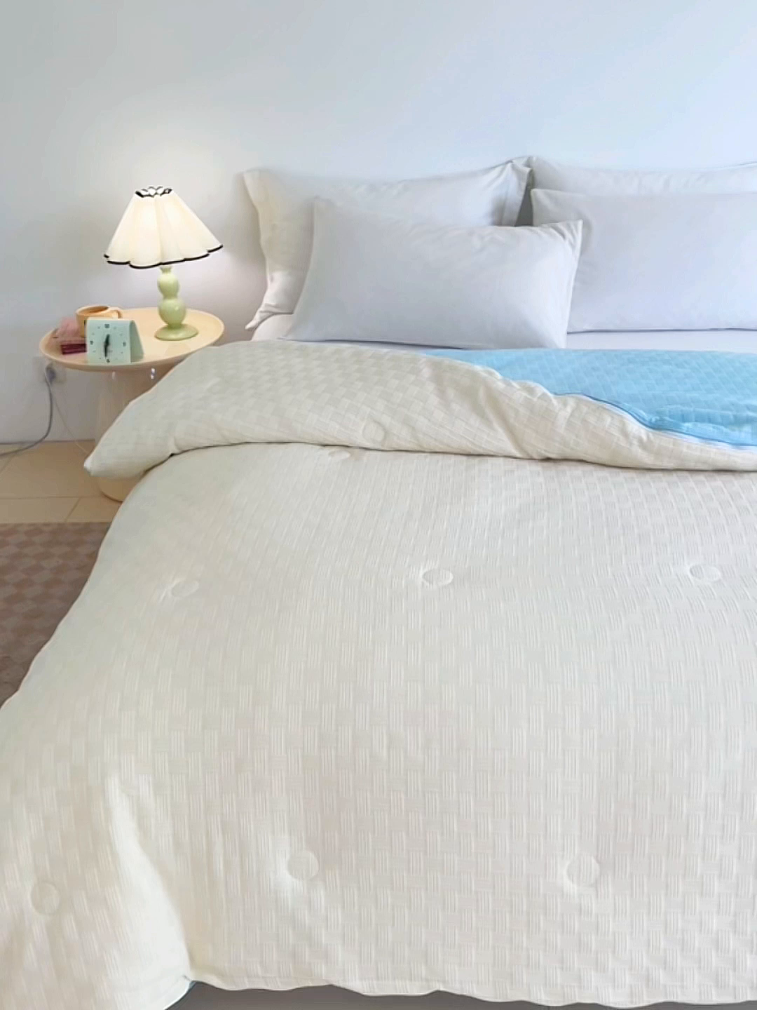 91家纺网 家纺一手货源 找家纺 VIP被业 2025新款简约纯色华夫格提花大豆子母被被子被芯 米拼蓝