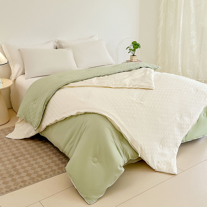 91家纺网 家纺一手货源 找家纺 VIP被业 2025新款简约纯色华夫格提花大豆子母被被子被芯 米拼绿