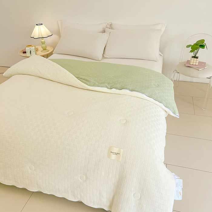 91家纺网 家纺一手货源 找家纺 VIP被业 2025新款简约纯色华夫格提花大豆子母被被子被芯 米拼绿