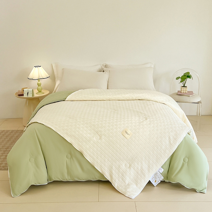 91家纺网 家纺一手货源 找家纺 VIP被业 2025新款简约纯色华夫格提花大豆子母被被子被芯 米拼绿