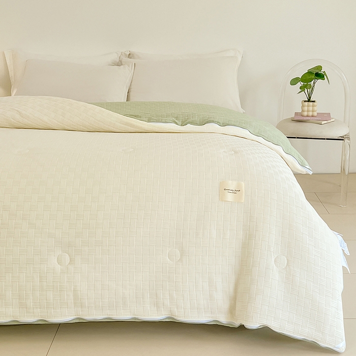 91家纺网 家纺一手货源 找家纺 VIP被业 2025新款简约纯色华夫格提花大豆子母被被子被芯 米拼绿