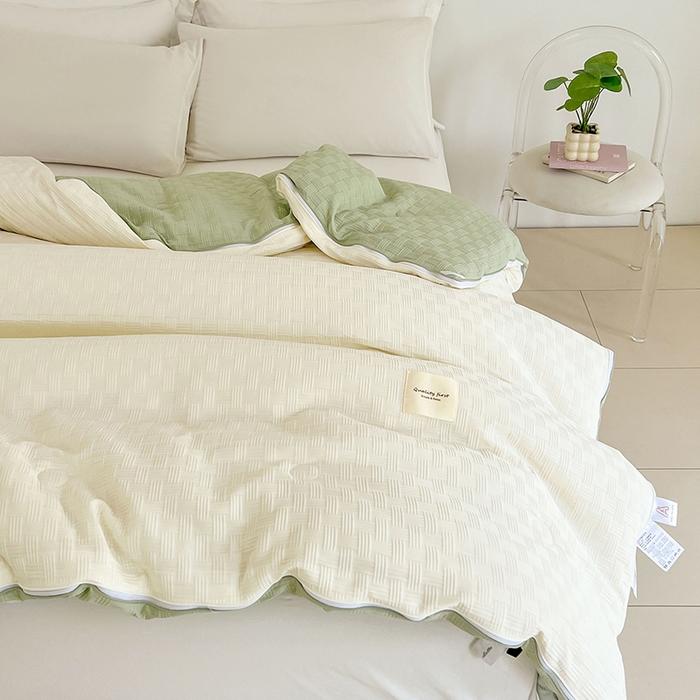 91家纺网 家纺一手货源 找家纺 VIP被业 2025新款简约纯色华夫格提花大豆子母被被子被芯 米拼绿