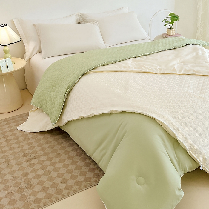 91家纺网 家纺一手货源 找家纺 VIP被业 2025新款简约纯色华夫格提花大豆子母被被子被芯 米拼绿