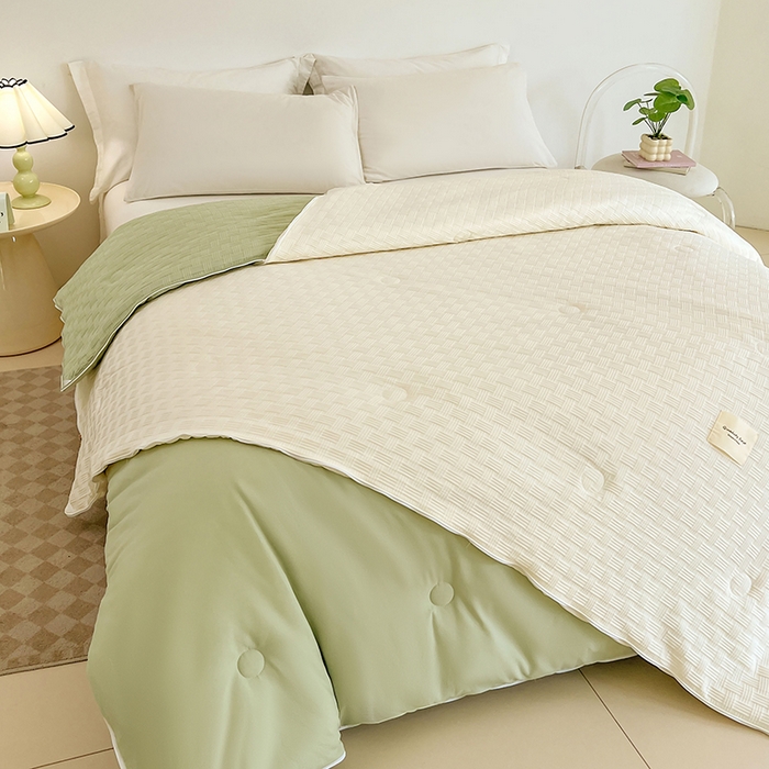 91家纺网 家纺一手货源 找家纺 VIP被业 2025新款简约纯色华夫格提花大豆子母被被子被芯 米拼绿