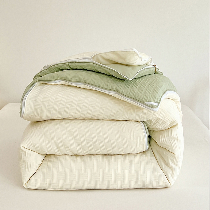 91家纺网 家纺一手货源 找家纺 VIP被业 2025新款简约纯色华夫格提花大豆子母被被子被芯 米拼绿