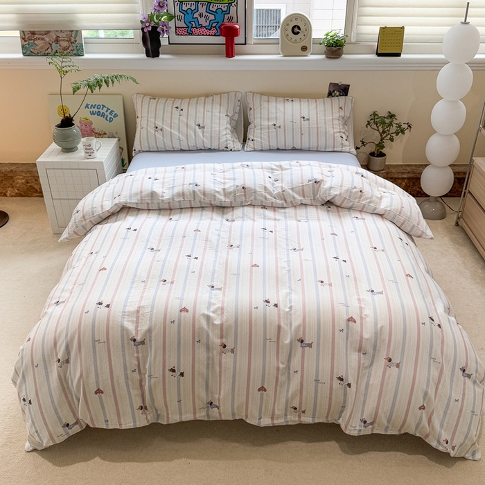 91家纺网 家纺一手货源 找家纺 慕尚家纺 2025新款全棉纯棉母婴双层纱四件套 条纹腊肠狗