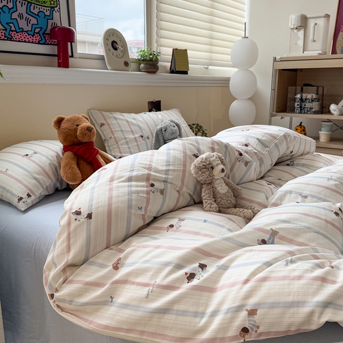 91家纺网 家纺一手货源 找家纺 慕尚家纺 2025新款全棉纯棉母婴双层纱四件套 条纹腊肠狗