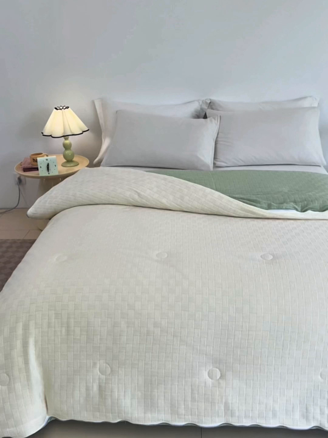 91家纺网 家纺一手货源 找家纺 VIP被业 2025新款简约纯色华夫格提花大豆子母被被子被芯 米拼绿