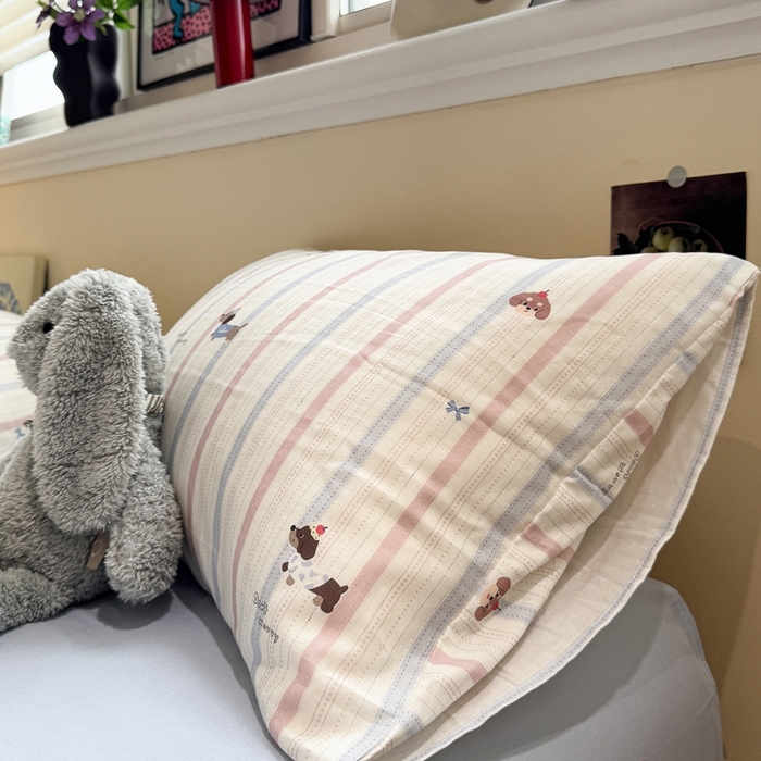 91家纺网 家纺一手货源 找家纺 慕尚家纺 2025新款全棉纯棉母婴双层纱四件套 条纹腊肠狗