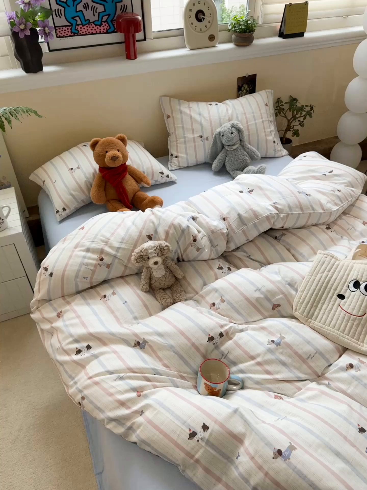 91家纺网 家纺一手货源 找家纺 慕尚家纺 2025新款全棉纯棉母婴双层纱四件套 条纹腊肠狗