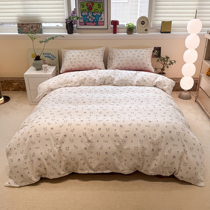 91家纺网 家纺一手货源 找家纺 慕尚家纺 2025新款全棉纯棉母婴双层纱四件套 小狗和羊驼