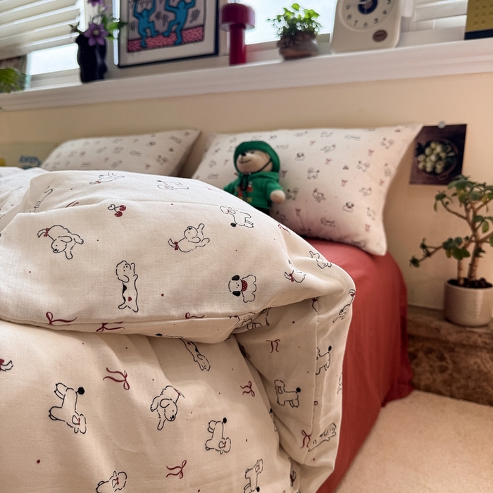 91家纺网 家纺一手货源 找家纺 慕尚家纺 2025新款全棉纯棉母婴双层纱四件套 小狗和羊驼