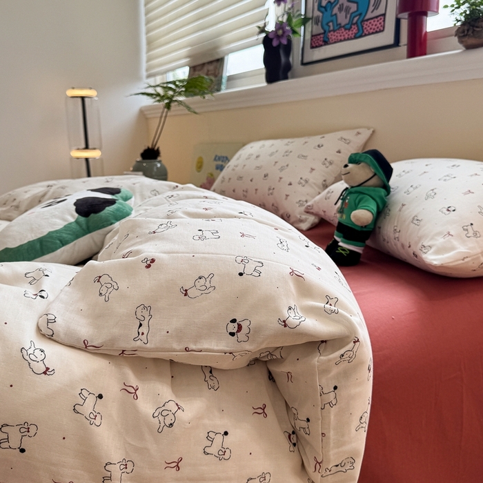 91家纺网 家纺一手货源 找家纺 慕尚家纺 2025新款全棉纯棉母婴双层纱四件套 小狗和羊驼