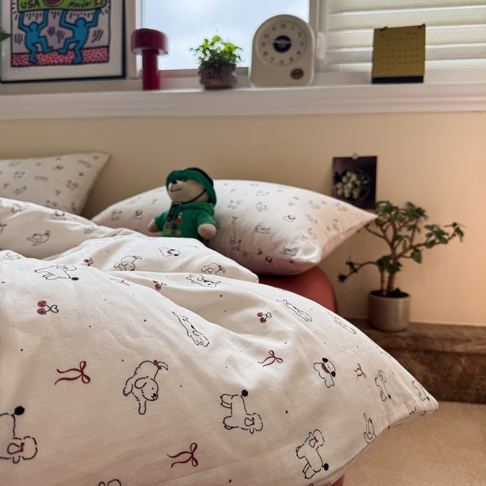 91家纺网 家纺一手货源 找家纺 慕尚家纺 2025新款全棉纯棉母婴双层纱四件套 小狗和羊驼