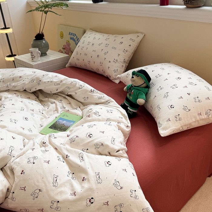 91家纺网 家纺一手货源 找家纺 慕尚家纺 2025新款全棉纯棉母婴双层纱四件套 小狗和羊驼