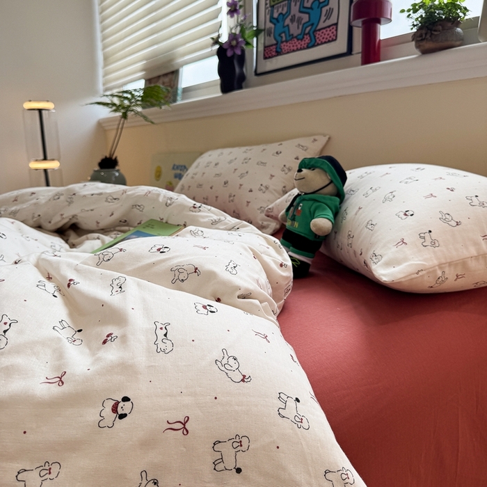 91家纺网 家纺一手货源 找家纺 慕尚家纺 2025新款全棉纯棉母婴双层纱四件套 小狗和羊驼