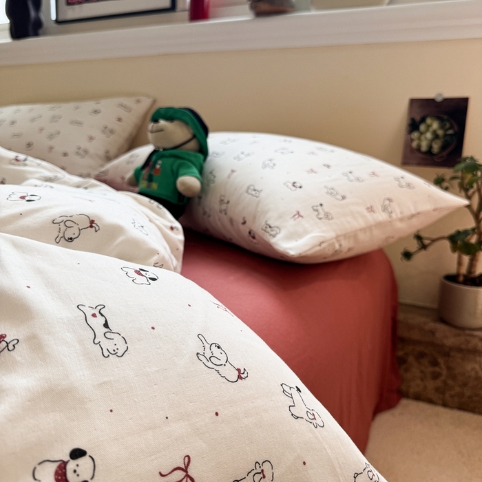 91家纺网 家纺一手货源 找家纺 慕尚家纺 2025新款全棉纯棉母婴双层纱四件套 小狗和羊驼