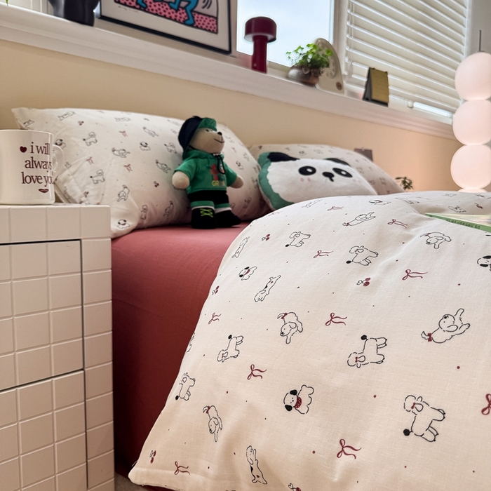 91家纺网 家纺一手货源 找家纺 慕尚家纺 2025新款全棉纯棉母婴双层纱四件套 小狗和羊驼