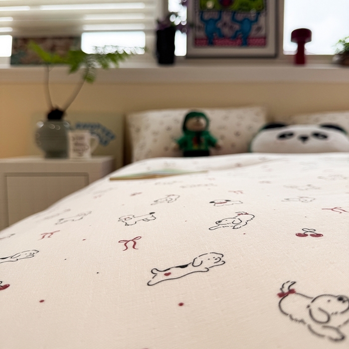 91家纺网 家纺一手货源 找家纺 慕尚家纺 2025新款全棉纯棉母婴双层纱四件套 小狗和羊驼