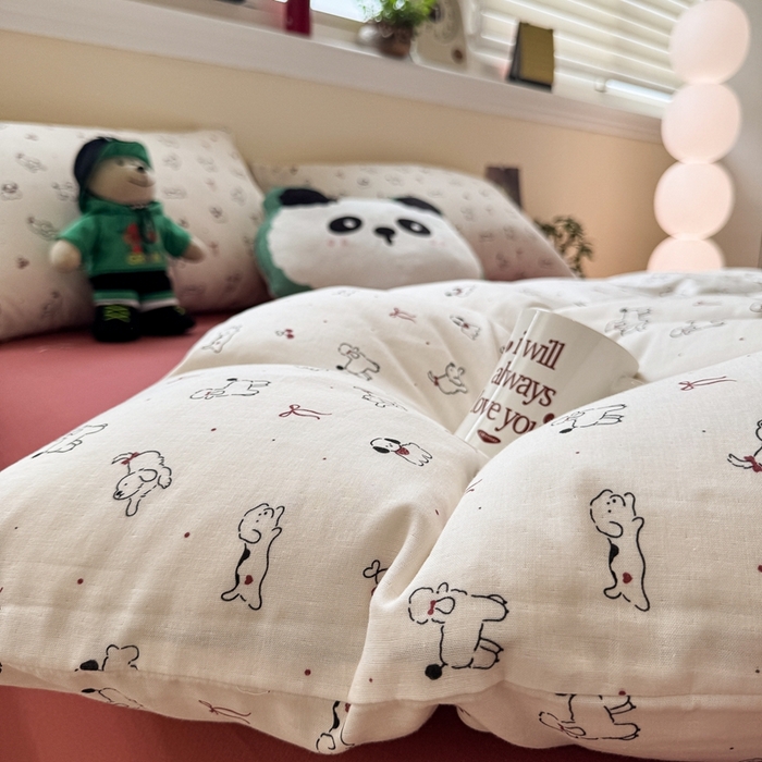 91家纺网 家纺一手货源 找家纺 慕尚家纺 2025新款全棉纯棉母婴双层纱四件套 小狗和羊驼