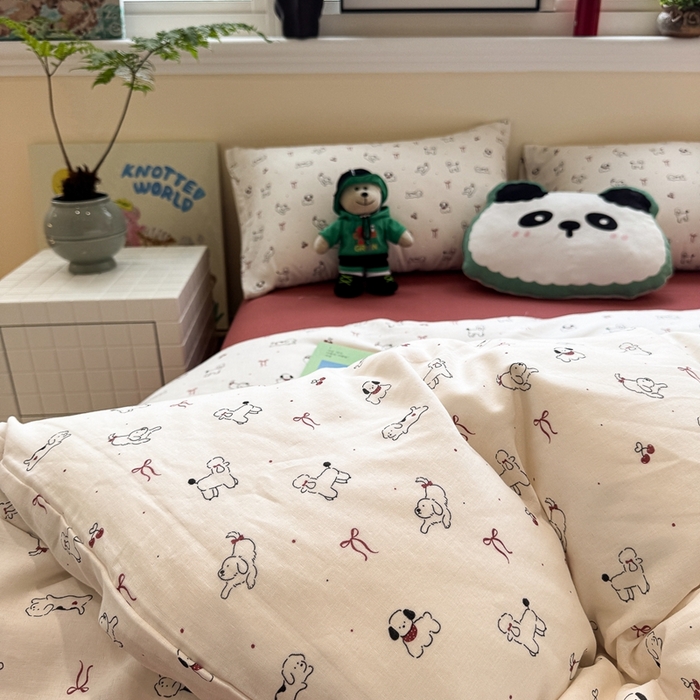 91家纺网 家纺一手货源 找家纺 慕尚家纺 2025新款全棉纯棉母婴双层纱四件套 小狗和羊驼