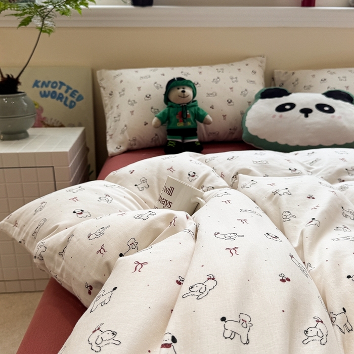 91家纺网 家纺一手货源 找家纺 慕尚家纺 2025新款全棉纯棉母婴双层纱四件套 小狗和羊驼