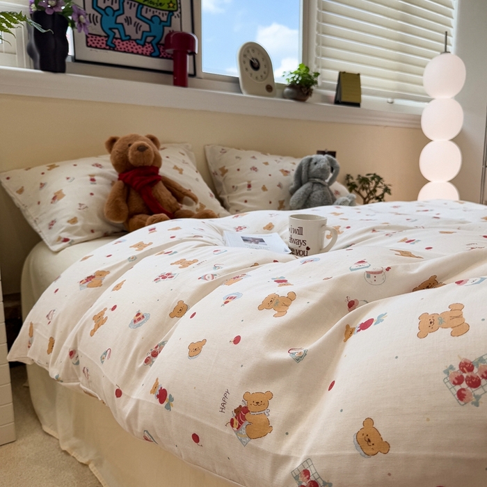 91家纺网 家纺一手货源 找家纺 慕尚家纺 2025新款全棉纯棉母婴双层纱四件套 小熊蛋糕