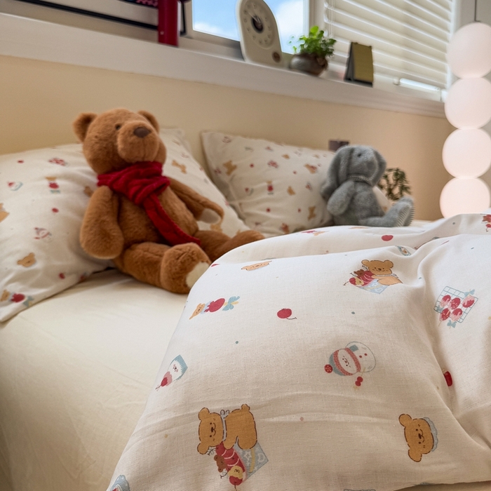 91家纺网 家纺一手货源 找家纺 慕尚家纺 2025新款全棉纯棉母婴双层纱四件套 小熊蛋糕