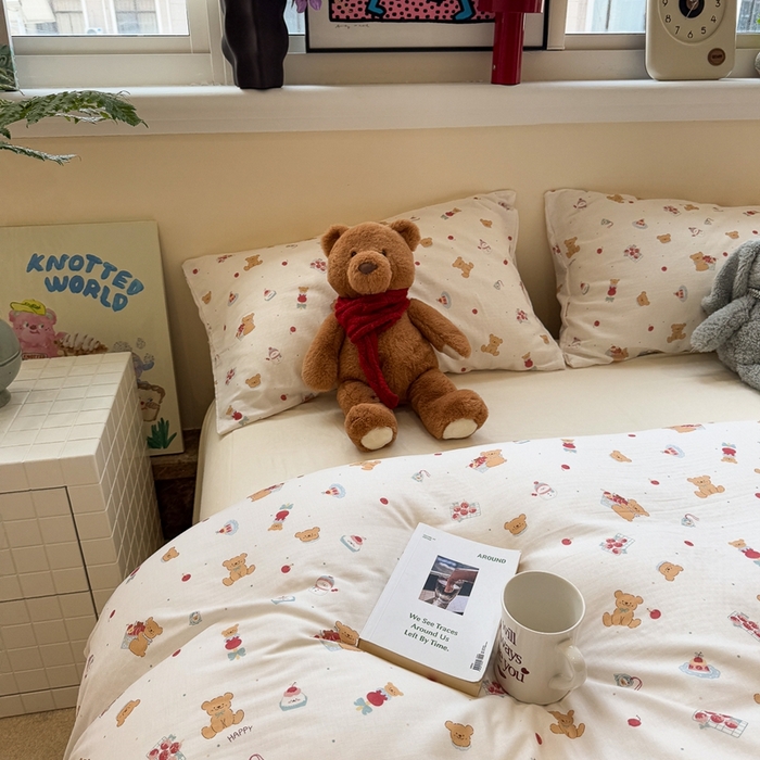 91家纺网 家纺一手货源 找家纺 慕尚家纺 2025新款全棉纯棉母婴双层纱四件套 小熊蛋糕