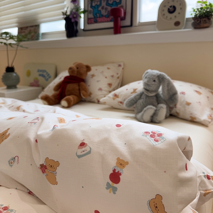 91家纺网 家纺一手货源 找家纺 慕尚家纺 2025新款全棉纯棉母婴双层纱四件套 小熊蛋糕