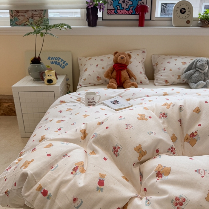 91家纺网 家纺一手货源 找家纺 慕尚家纺 2025新款全棉纯棉母婴双层纱四件套 小熊蛋糕