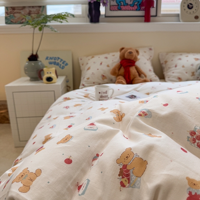 91家纺网 家纺一手货源 找家纺 慕尚家纺 2025新款全棉纯棉母婴双层纱四件套 小熊蛋糕