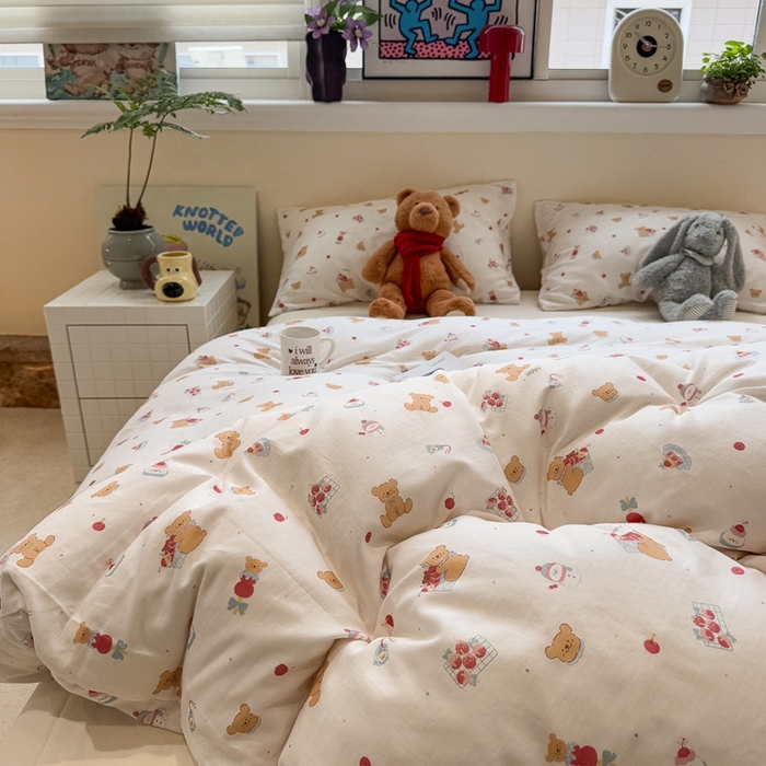 91家纺网 家纺一手货源 找家纺 慕尚家纺 2025新款全棉纯棉母婴双层纱四件套 小熊蛋糕