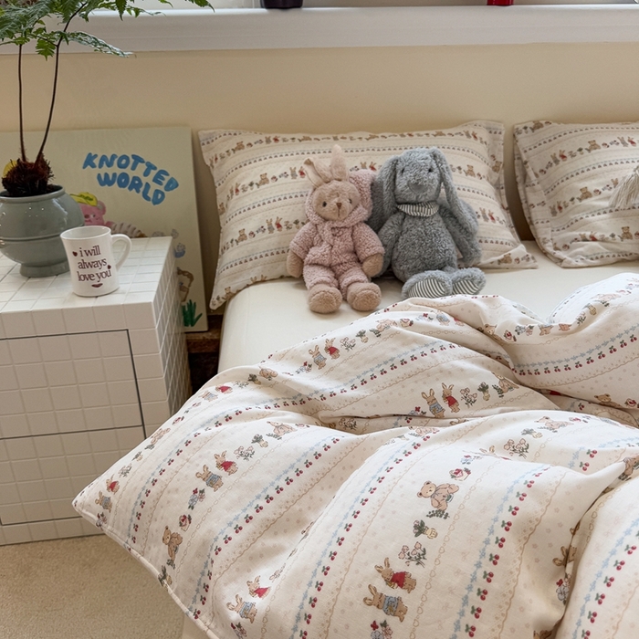 慕尚家纺 2025新款全棉纯棉母婴双层纱四件套 小熊和兔子