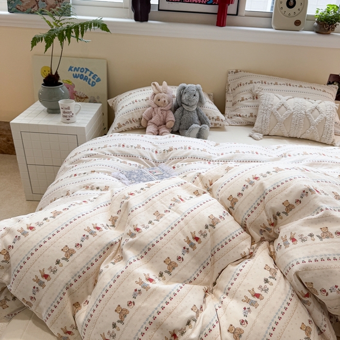 91家纺网 家纺一手货源 找家纺 慕尚家纺 2025新款全棉纯棉母婴双层纱四件套 小熊和兔子