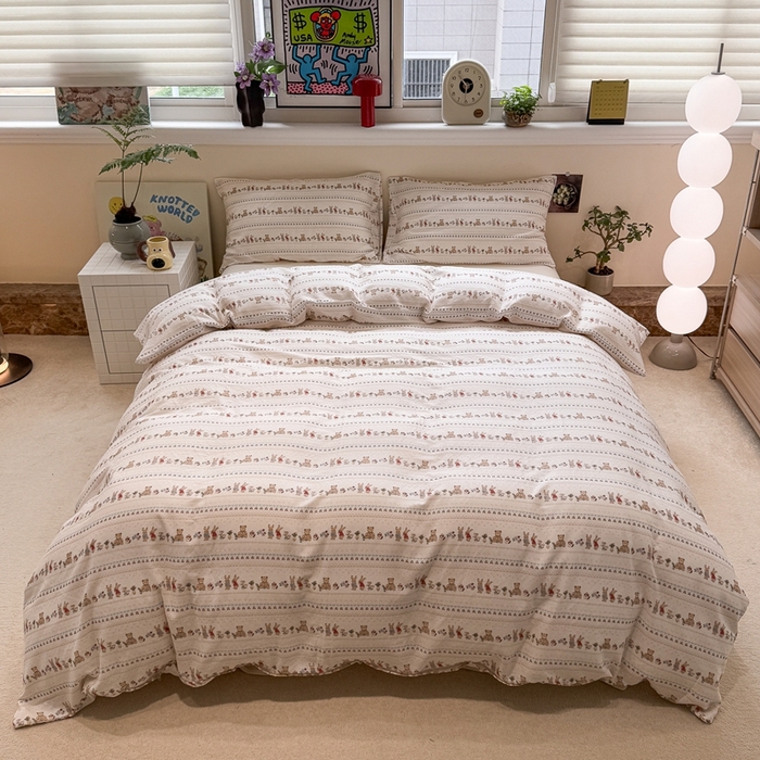 91家纺网 家纺一手货源 找家纺 慕尚家纺 2025新款全棉纯棉母婴双层纱四件套 小熊和兔子