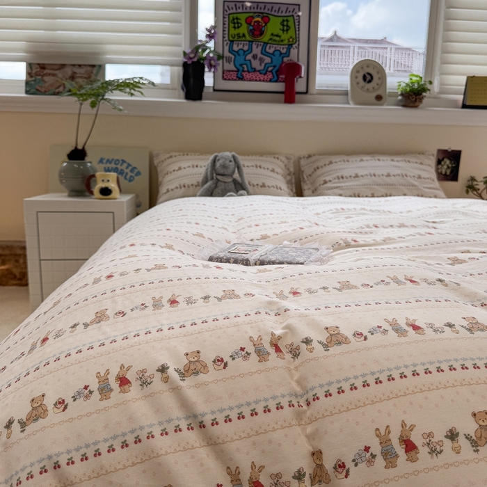 91家纺网 家纺一手货源 找家纺 慕尚家纺 2025新款全棉纯棉母婴双层纱四件套 小熊和兔子