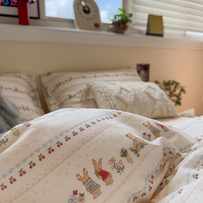 91家纺网 家纺一手货源 找家纺 慕尚家纺 2025新款全棉纯棉母婴双层纱四件套 小熊和兔子