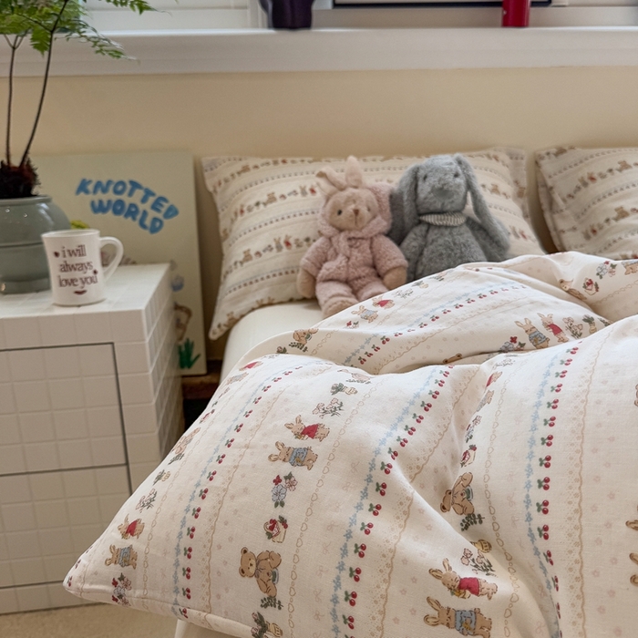 91家纺网 家纺一手货源 找家纺 慕尚家纺 2025新款全棉纯棉母婴双层纱四件套 小熊和兔子