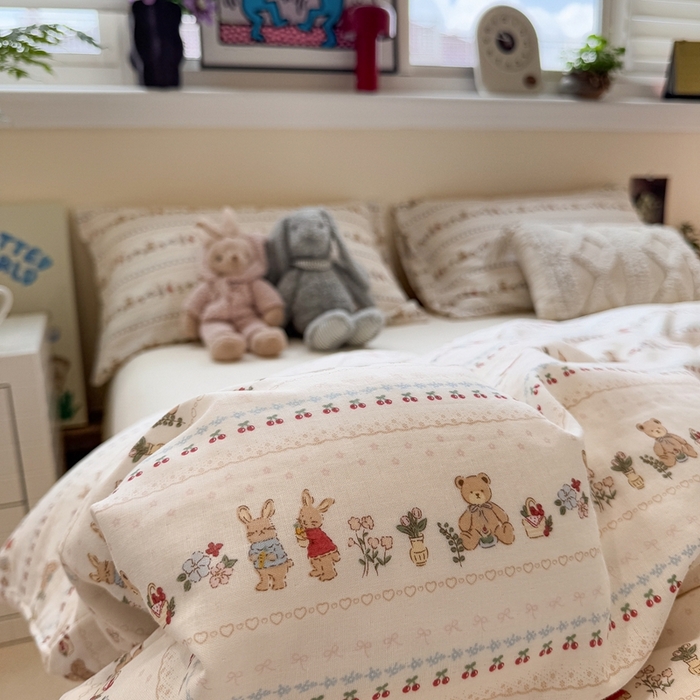 91家纺网 家纺一手货源 找家纺 慕尚家纺 2025新款全棉纯棉母婴双层纱四件套 小熊和兔子