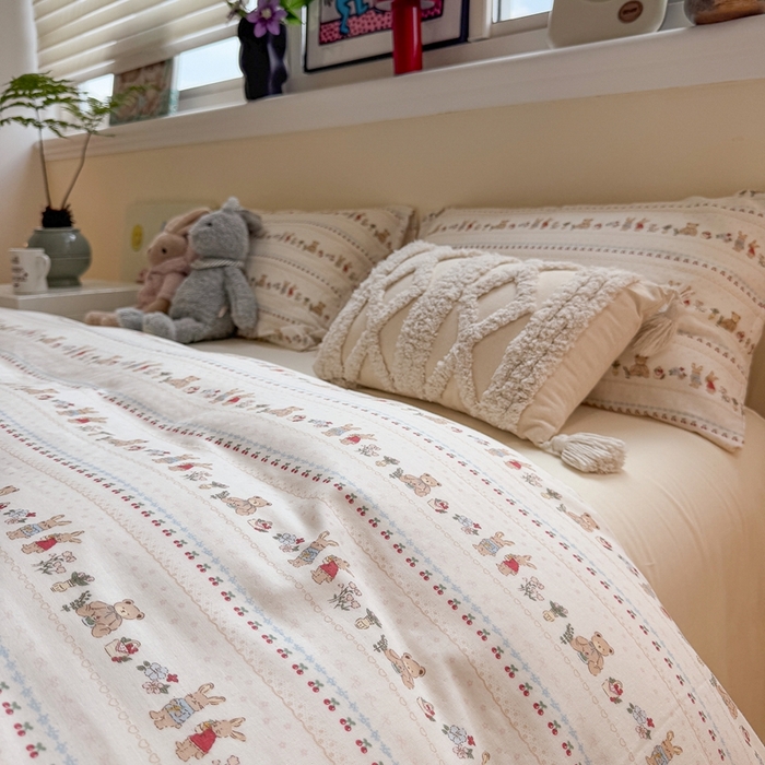 91家纺网 家纺一手货源 找家纺 慕尚家纺 2025新款全棉纯棉母婴双层纱四件套 小熊和兔子