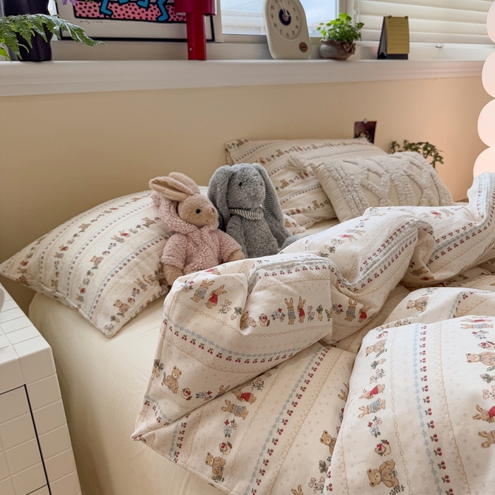 91家纺网 家纺一手货源 找家纺 慕尚家纺 2025新款全棉纯棉母婴双层纱四件套 小熊和兔子