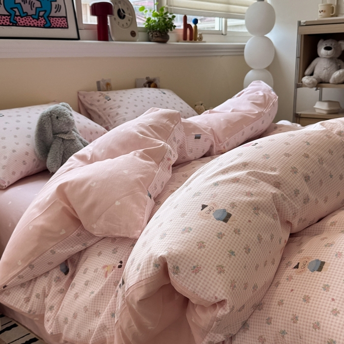 91家纺网 家纺一手货源 找家纺 慕尚家纺 2025新款13070全棉纯棉印花四件套 粉格花