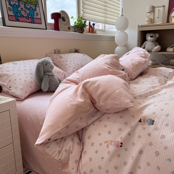 91家纺网 家纺一手货源 找家纺 慕尚家纺 2025新款13070全棉纯棉印花四件套 粉格花