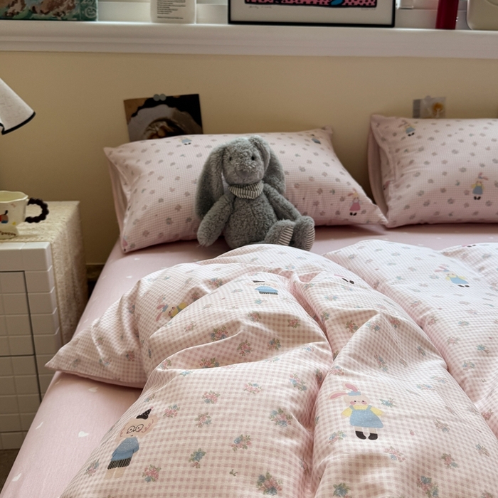 91家纺网 家纺一手货源 找家纺 慕尚家纺 2025新款13070全棉纯棉印花四件套 粉格花