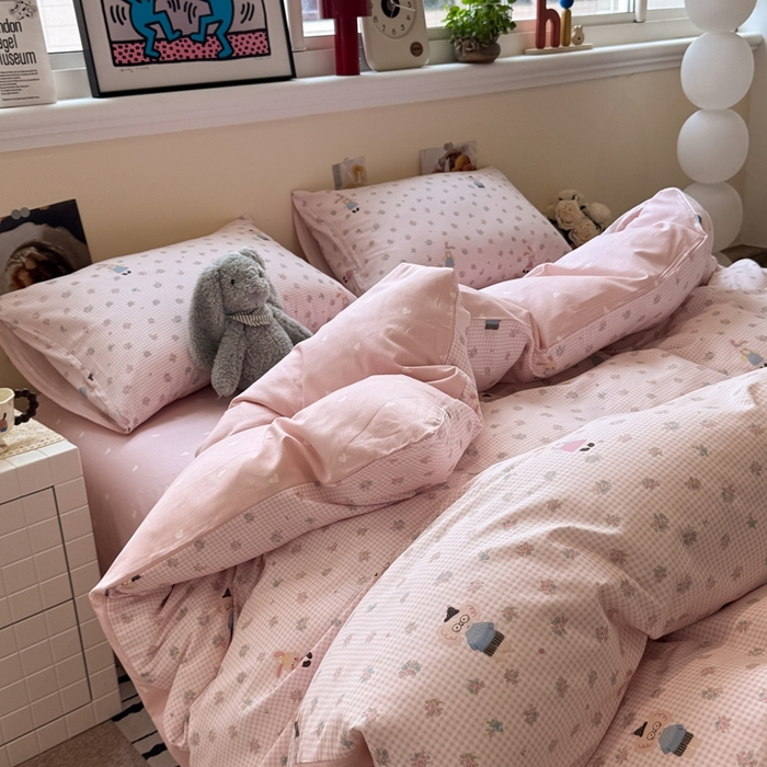 91家纺网 家纺一手货源 找家纺 慕尚家纺 2025新款13070全棉纯棉印花四件套 粉格花