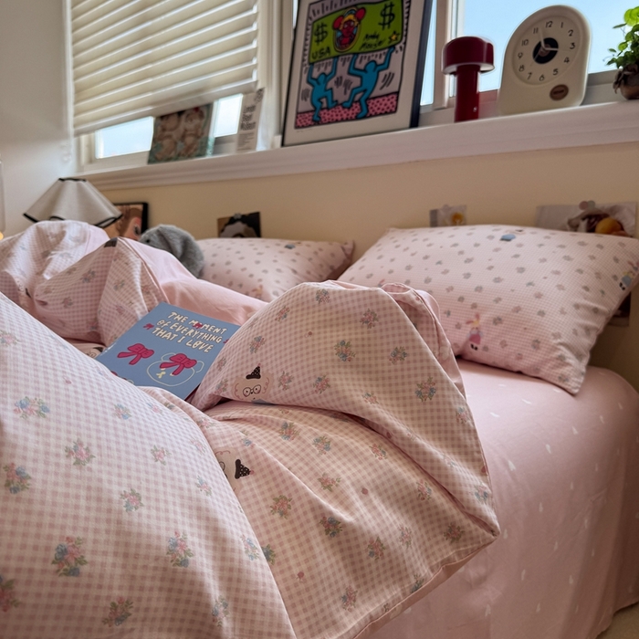 91家纺网 家纺一手货源 找家纺 慕尚家纺 2025新款13070全棉纯棉印花四件套 粉格花