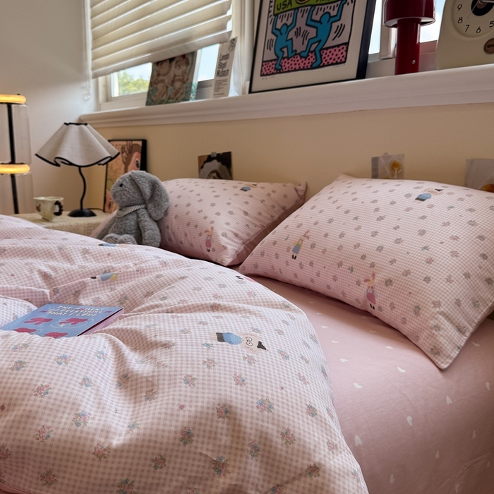 91家纺网 家纺一手货源 找家纺 慕尚家纺 2025新款13070全棉纯棉印花四件套 粉格花