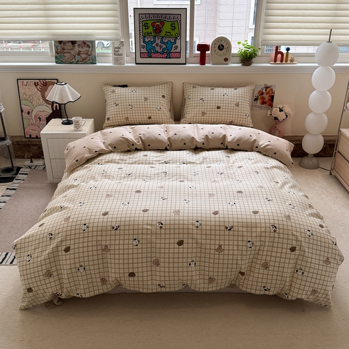 91家纺网 家纺一手货源 找家纺 慕尚家纺 2025新款13070全棉纯棉印花四件套 咖格狗狗